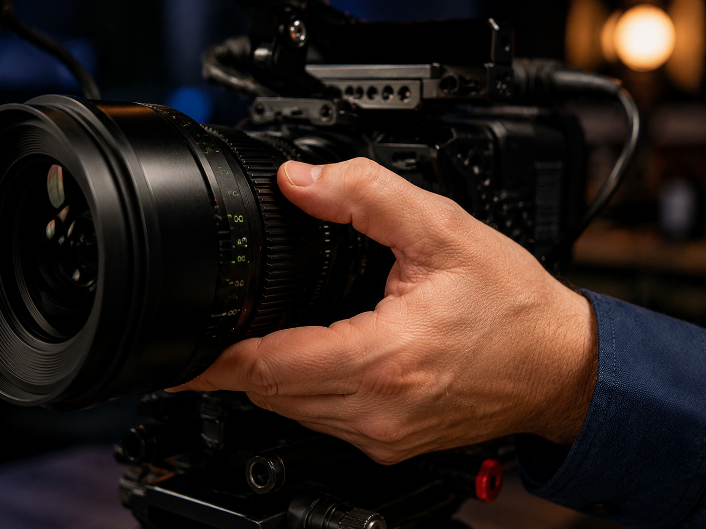 Hand adjusting a cinema camera lens