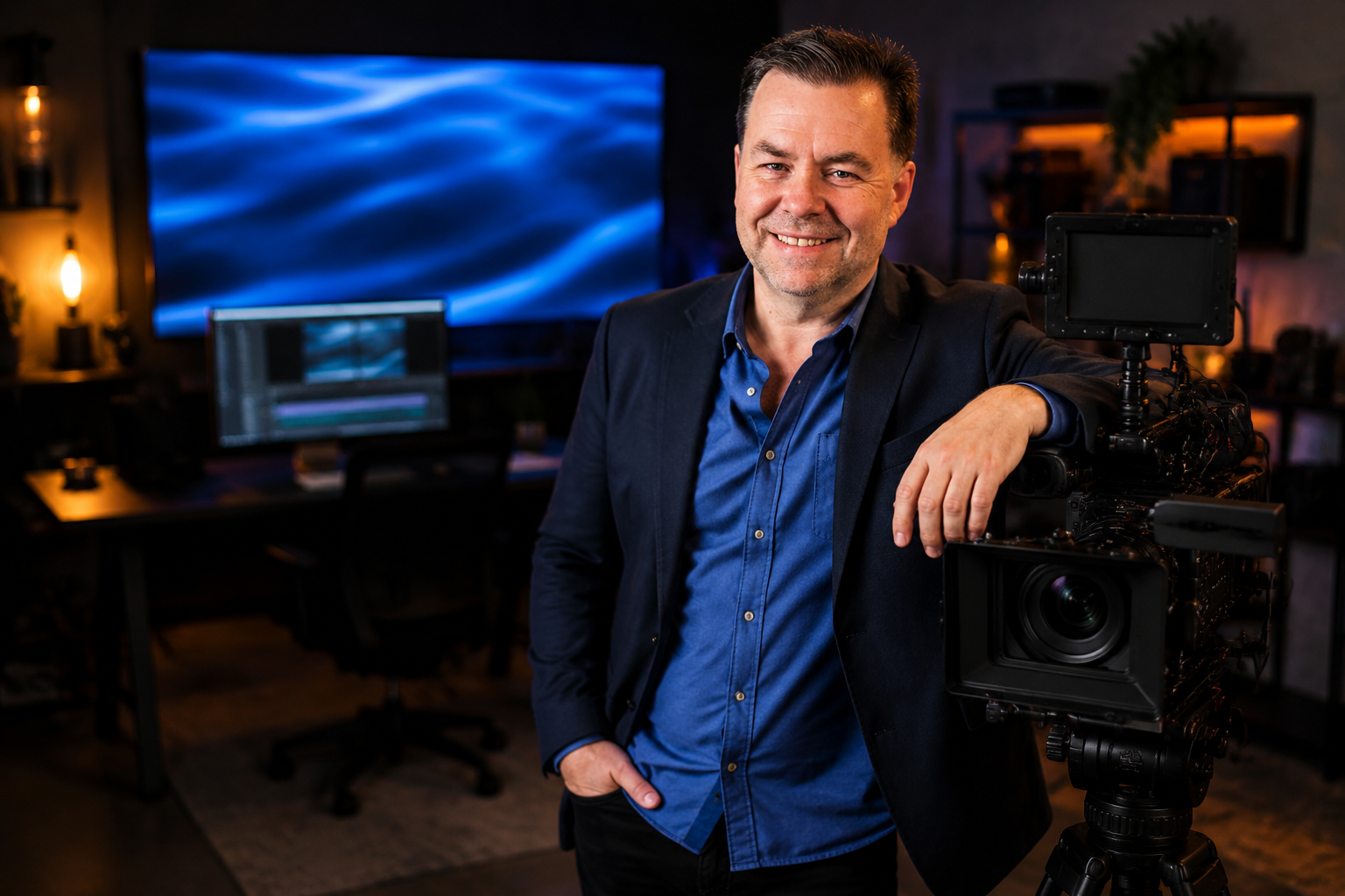 Ray Lane beside a professional video camera in his studio