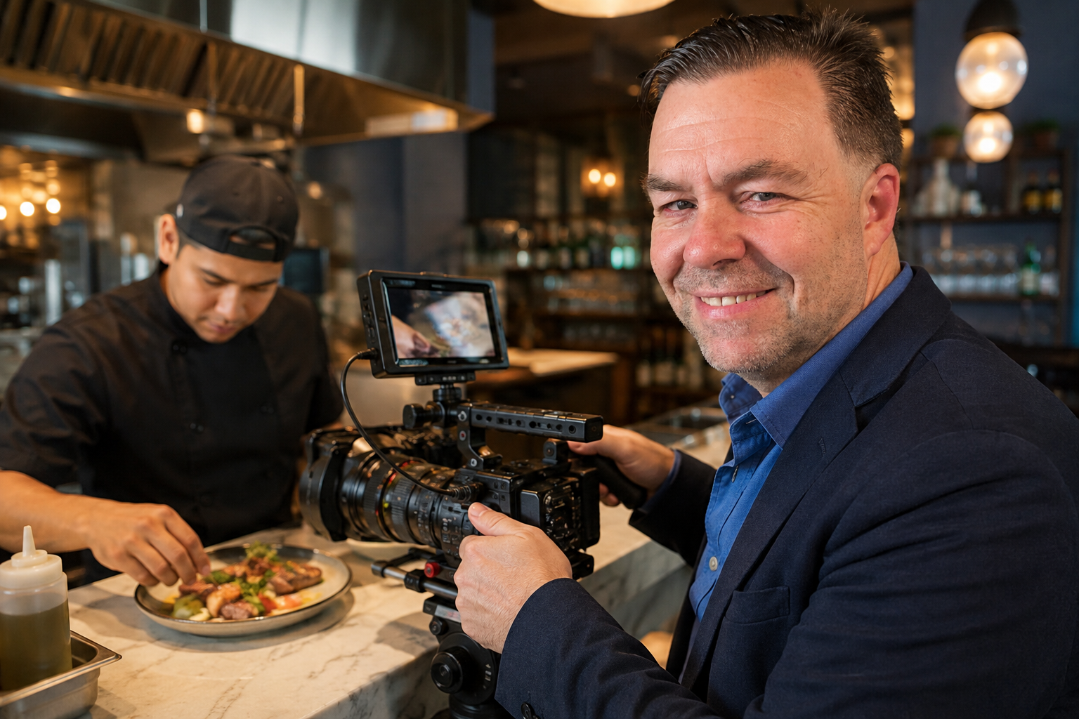 Ray filming food at a local restaurant